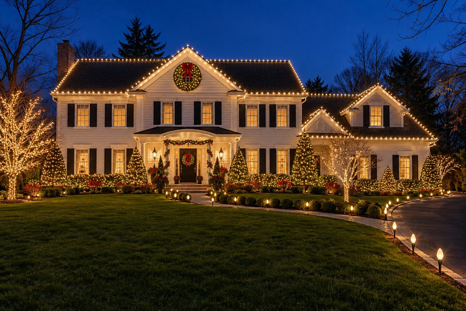 Home with warm white Christmas roof lighting, wreath and illuminated landscaping
