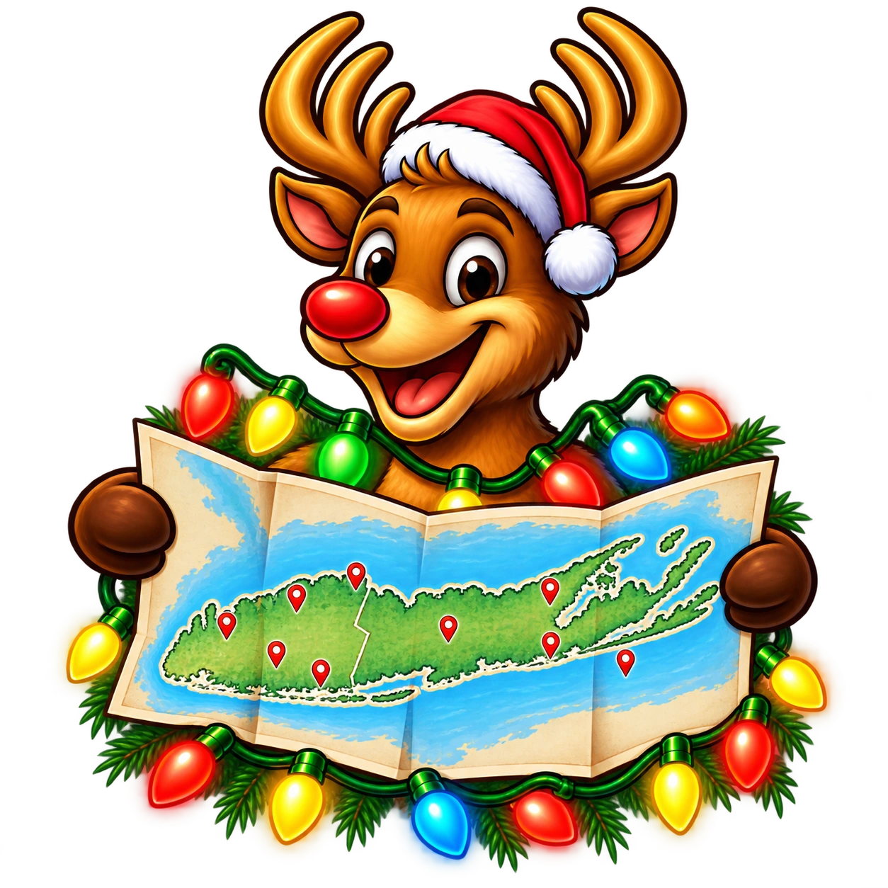 Bright Nights reindeer holding a festive map of Long Island