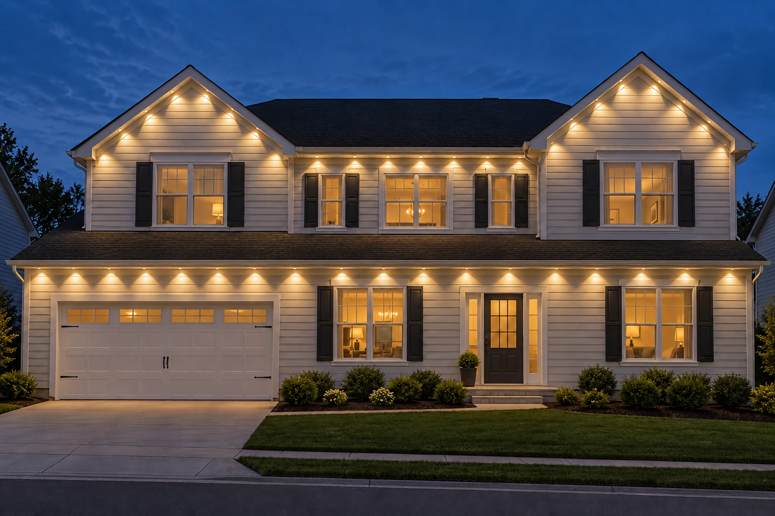 Evenly spaced permanent white lighting under both floors of a home